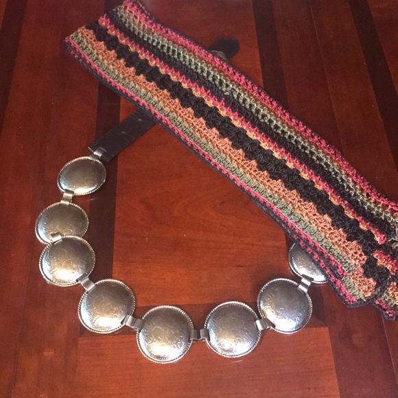 Express Accessories - 2 pcs Leather Metal Concha Belt / Boho Knit Scarf
